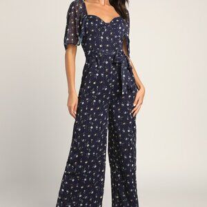 Lulus Sweet Blooms Navy Blue Floral Print Swiss Dot Wide Leg Jumpsuit - Size XS